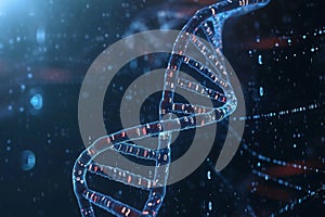 A 3D rendering showcasing a double-stranded, blue and red structure, Binary-code themed DNA helix isolated on a dark background, photo