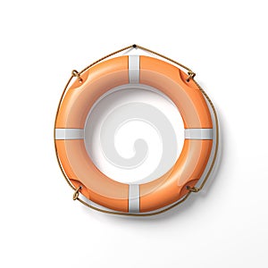 3d rendering of a single orange life buoy hanging from a nail in the wall.