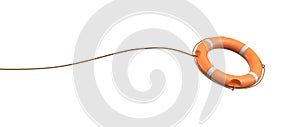 3d rendering of a single orange life buoy on a white background hanging from a long rope in motion.