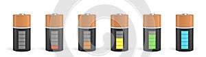 3d rendering of six C type batteries with charge indicators in different stages of energy levels.