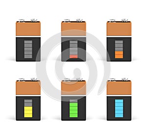 3d rendering of six PP3 type batteries with charge indicators in different stages of energy levels.