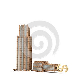 3d rendering of a skyscraper with a dollar sign on the top broken in half isolated on white background.