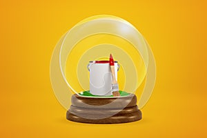 3d rendering of small can of red paint with brush inside glass ball globe on amber background.