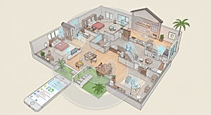 3D rendering of a smart home interior with an open floor plan. The layout includes a