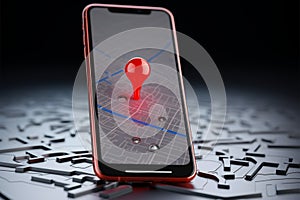 3D rendering, Smartphone displays red map pointer icon, screen empty
