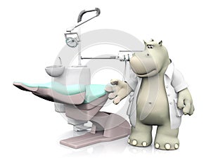 3D rendering of a smiling cartoon hippo dentist