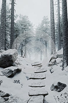 snow covered forest path with snowy tree trunks