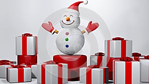 3D Rendering of Snow man and many gift boxs that are symbol of christmas Represents a happy day. clip art isolated on white