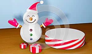 3D Rendering of Snow man  white and red podium And gift box symbol of christmas Represents a happy day. clip art isolated on blue