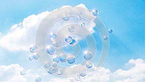 3D rendering of soap bubbles flying in the blue sky, freedom concept, summer puffy clouds