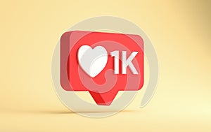 3d rendering of Social network one thousand likes notification isolated on a yellow background