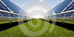 3d rendering of solar farm, field or solar power plant for clean green power energy