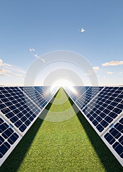 3d rendering of solar farm, field or solar power plant for clean green power energy