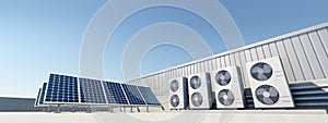 3d rendering of solar panel, condenser unit on rooftop.