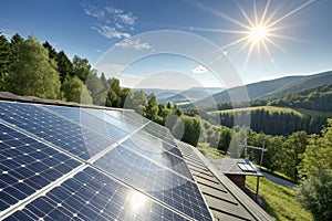 Solar panels reflecting sunlight on roof in 3D rendering photo