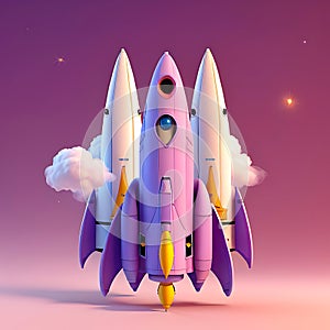 3D rendering space ship with rocket on pink background. generative AI