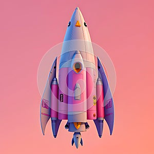 3D rendering space ship with rocket on pink background. generative AI