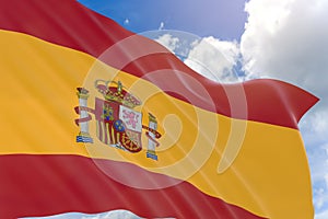3D rendering of Spain flag waving on blue sky background photo
