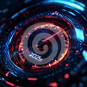 3D rendering of a speedometer with a red and blue background