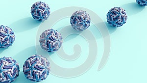 A 3D rendering of spherical dengue virus particles.