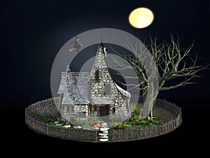 3D rendering of spooky house and flying witch.
