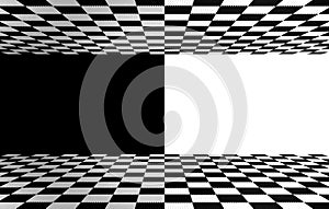 3d rendering. square chess tiles on the floor and upper wall background