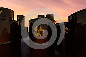 A stack of barrels with radioactive material abandoned in the desert