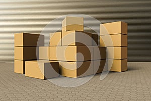 A stack of cardboard boxes outside a warehouse