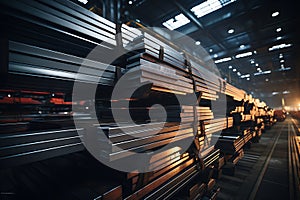 3D rendering of a stack of metal sheets on a table in a factory