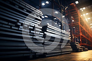 3D rendering of a stack of metal sheets on a table in a factory