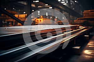 3D rendering of a stack of metal sheets on a table in a factory