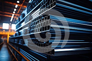 3D rendering of a stack of metal sheets on a table in a factory