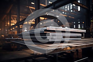 3D rendering of a stack of metal sheets on a table in a factory