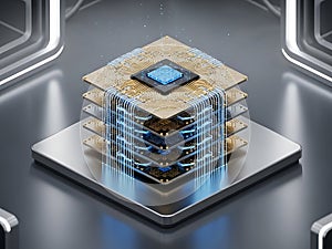 3D Rendering of Stacked Microchips and Circuit Boards