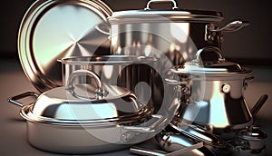 3d rendering of stainless steel cooking pots and pans in a kitchen