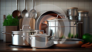 3d rendering of stainless steel cooking pots and pans in a kitchen