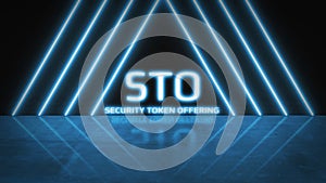 3D Rendering of STO Security Token Offering with blue glow led light and reflection on floor background. photo