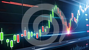 3D rendering of stock market graph and candlestick chart on digital screen