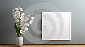 Minimalist White Vase With Orchids And Blank Frame - Hyper-realistic Details