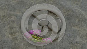 3d rendering of a stone surface and a radiation sign that begins to overgrow with grass and flowers. Environmental movement, photo