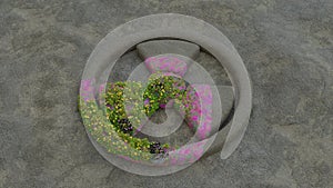 3d rendering of a stone surface and a radiation sign that begins to overgrow with grass and flowers. Environmental movement, photo