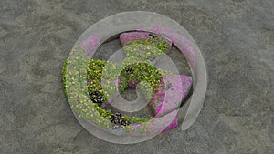 3d rendering of a stone surface and a radiation sign that begins to overgrow with grass and flowers. Environmental movement, photo