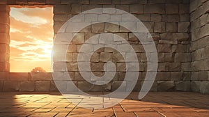 Warm Stone Wall With Window At Sunset - 3d Rendering