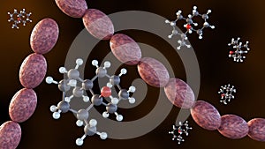 3d rendering of streptomyces and geosmin molecules