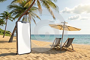 3D rendering of a beach scene with a blank smartphone screen, beach chair, umbrella, and palm trees on a sunny day. Summer holiday photo