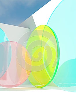 3D Rendering Summer Theme Abstract Circle Neon Acrylic Plates under Sunlight Background for Beauty, Skincare and Healthcare