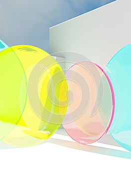 3D Rendering Summer Theme Abstract Circle Neon Acrylic Plates under Sunlight Background for Beauty, Skincare and Healthcare