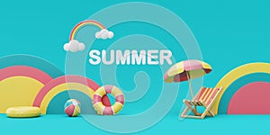 3d rendering of colorfull podium display with summer elements,clouds and rainbow.3d render