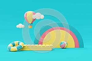 3d rendering of colorfull podium display with summer elements,clouds and rainbow.3d render