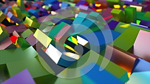 3d rendering of surface with the rotating colorful rectangles. Computer generated abstract background.